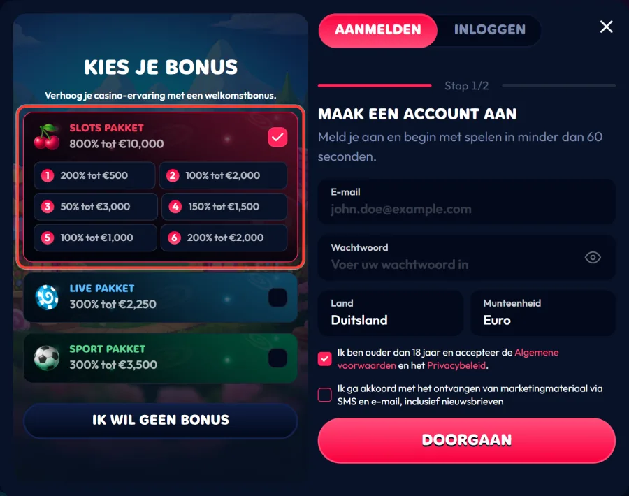 Aanmeldformulier met het Slots Pakket al aangevinkt