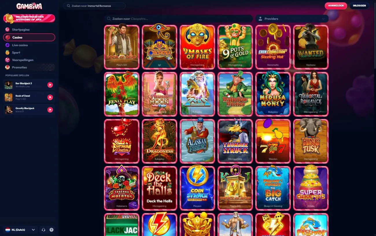 Casinolobby van Gambiva met zoekbalk, providerfilter en gokkasten