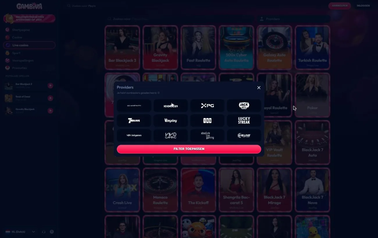 Live casino studio's in het providerfilter met knop Filter toepassen