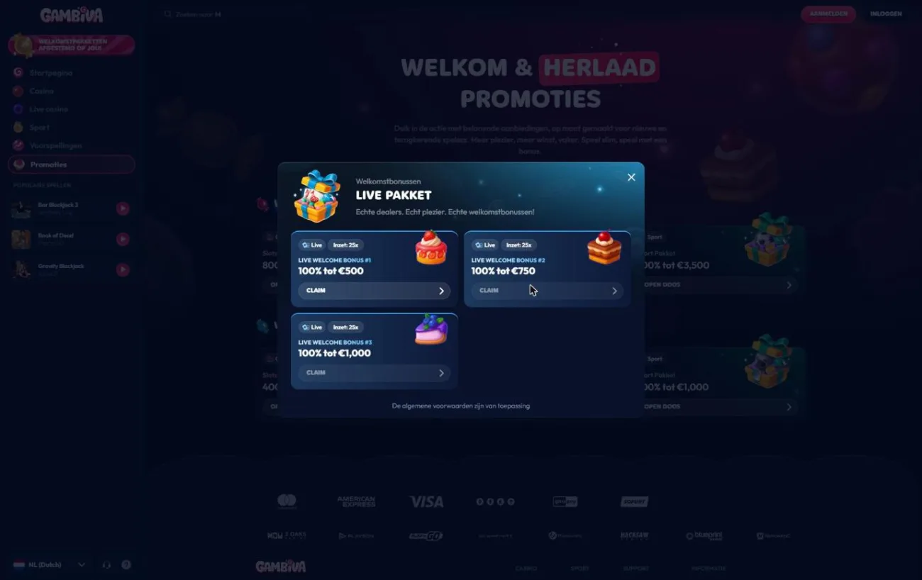Live Pakket met drie welkomstbonussen voor live casino