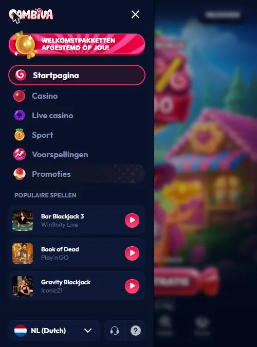 Mobiel menu van Gambiva met casino, live casino, sport en promoties