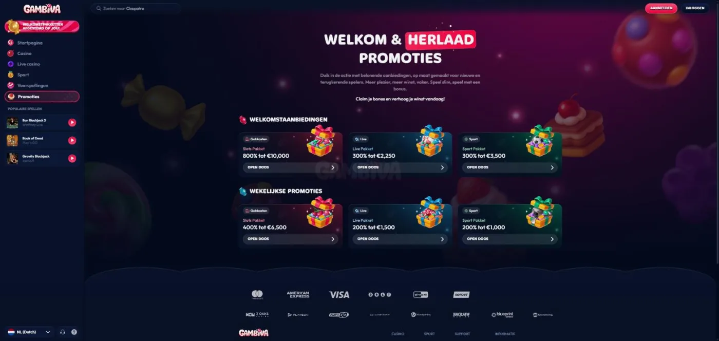 Pagina Welkom en herlaad promoties met zes bonuspakketten