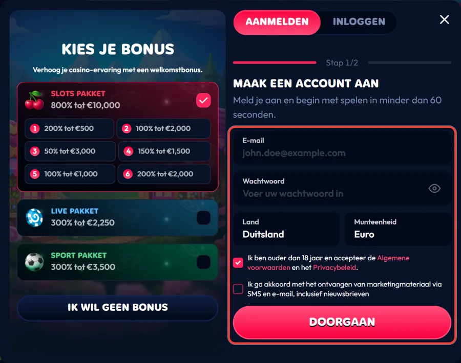 Stap 1 van 2: e-mail, wachtwoord, land, valuta en knop DOORGAAN